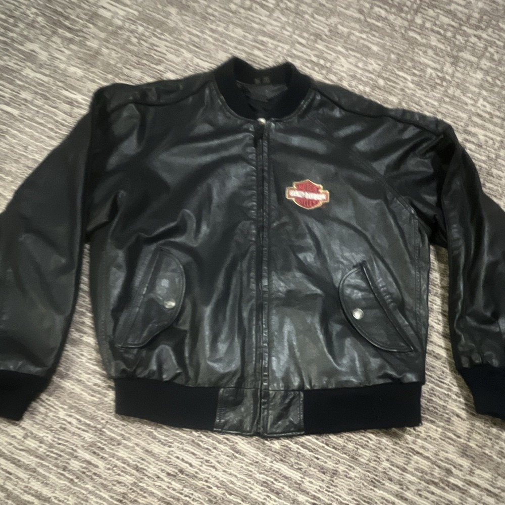 Harley-Davidson Black Leather Bomber‎ Jacket w/ Logo Patches - Size Large